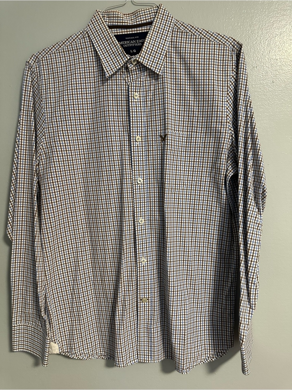 American Eagle Outfitters Men's Blue/ Brown Micro Check Button-Down Shirt Size L